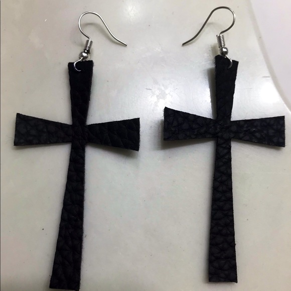 Faux Leather Cross Earrings - Picture 2 of 4